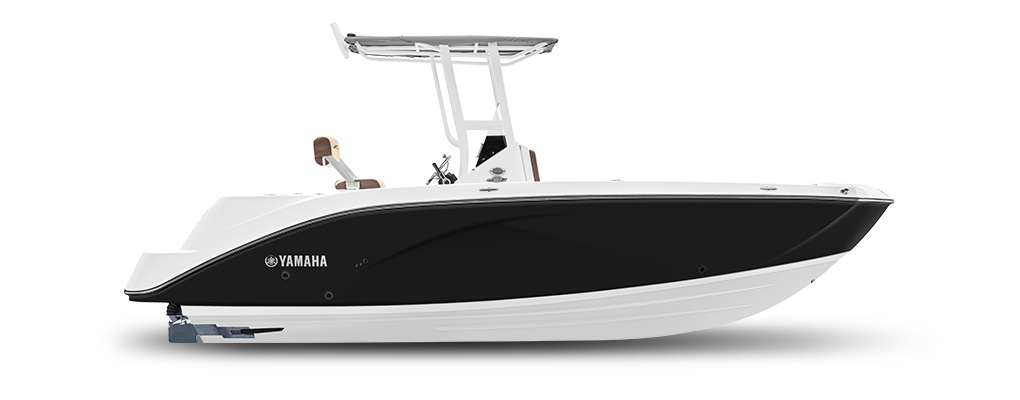 Side profile of a sleek and modern 222 FSH Sport boat on the water, with a white and blue color scheme and Yamaha outboard motor.