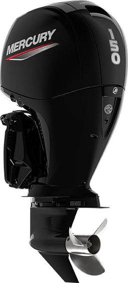 A sleek and powerful 150 horsepower 4-stroke outboard motor with a sleek black and silver design.